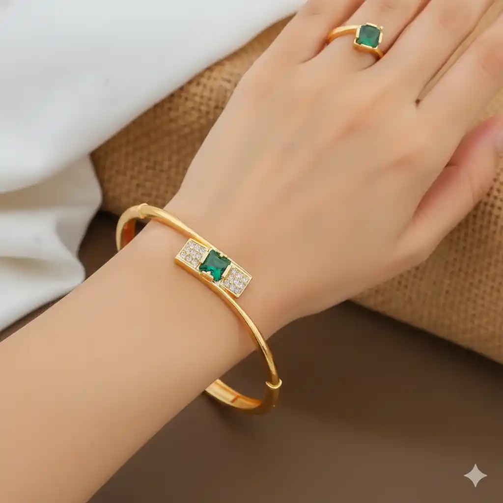 Elegant Gold Plated Green Stone & AD Diamond Studded Bracelet with Matching Ring.png